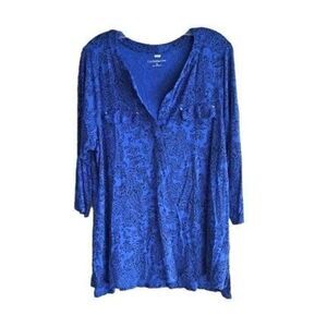Croft & Borrow Women's Blue Paisley Print Notch Neck Long Sleeve Tunic Size 1X